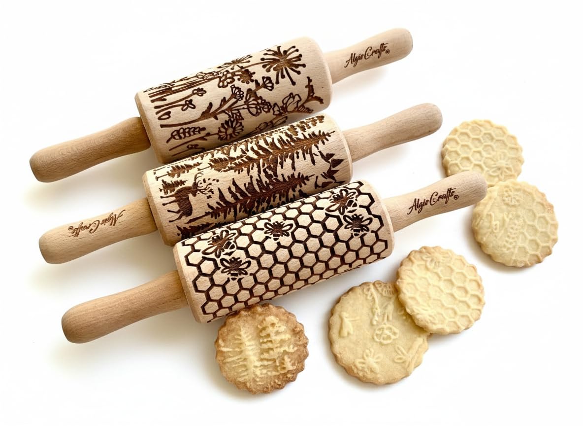 FLORAL 3 Small Textured Rolling Pin Set. Wooden laser engraved embossing dough roller for embossed cookies gift for Birthday, Easter by Algis Crafts