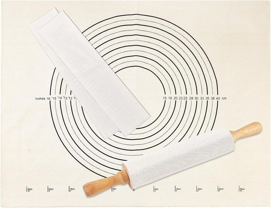 3PCS Pastry Cloth and Rolling Pin Cover Set, 1PCS 25" X 20" Heavy Cotton Canvas Cloth Pastry Mats with Measurement 2PCS 13" X 2.7" Flexible Rolling Pin Covers Sleeves for Rolling Dough Baking Bread