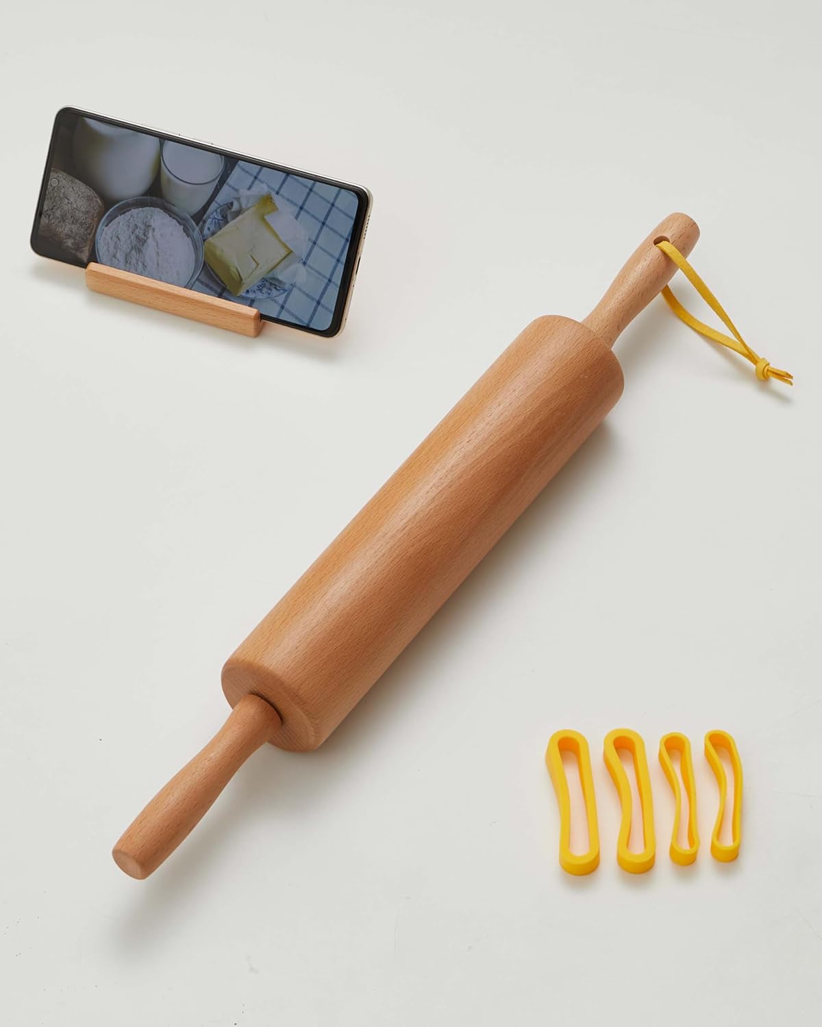 Classic Wood Rolling Pin, 17" Rolling Pins for Baking with Silicone Mat and Adjustable Thickness Rings, Pasta Roller with Wood Base, Fondant Roller for Pie Crust, Cookies, Pizza Dough and Bread