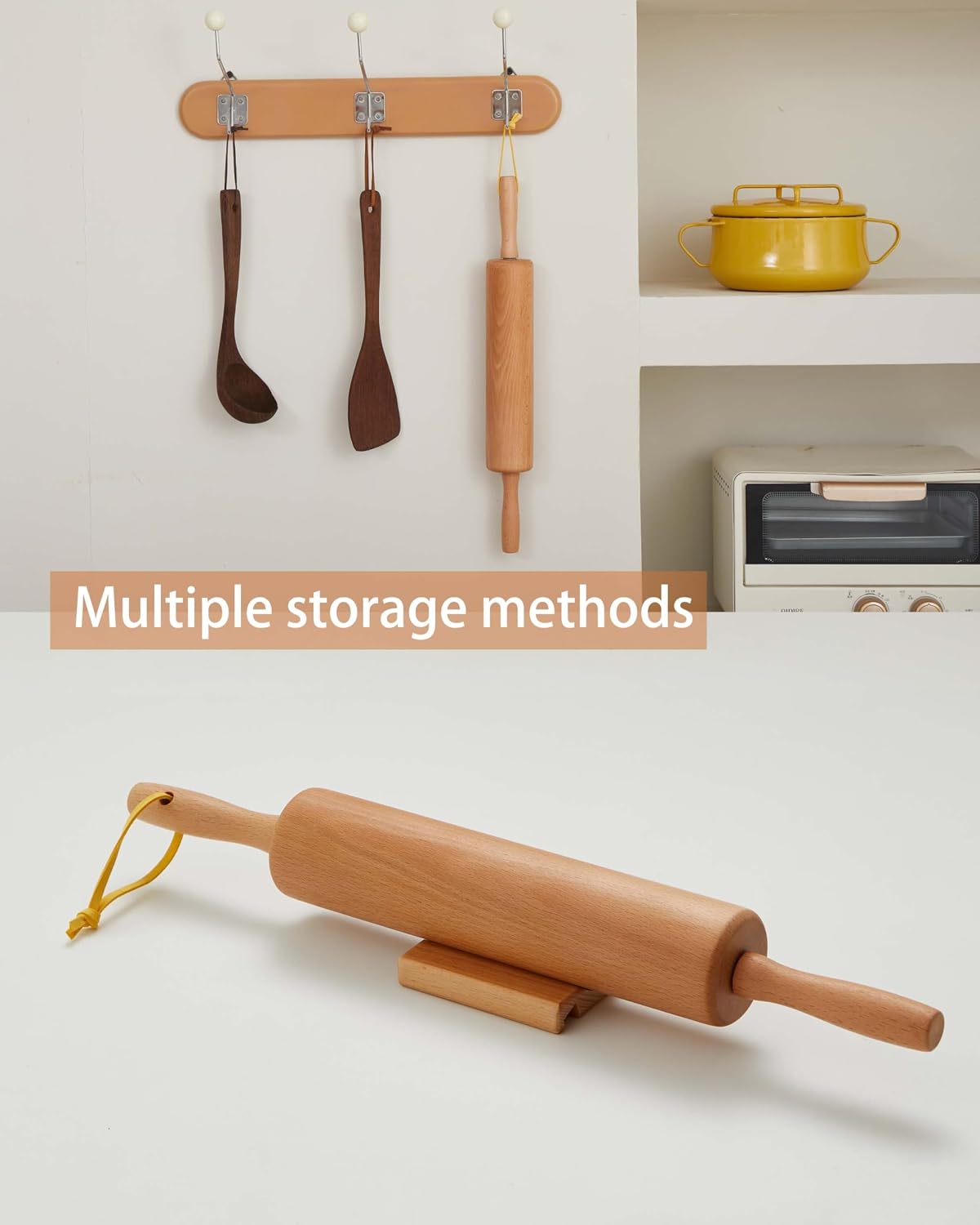 Classic Wood Rolling Pin, 17" Rolling Pins for Baking with Silicone Mat and Adjustable Thickness Rings, Pasta Roller with Wood Base, Fondant Roller for Pie Crust, Cookies, Pizza Dough and Bread