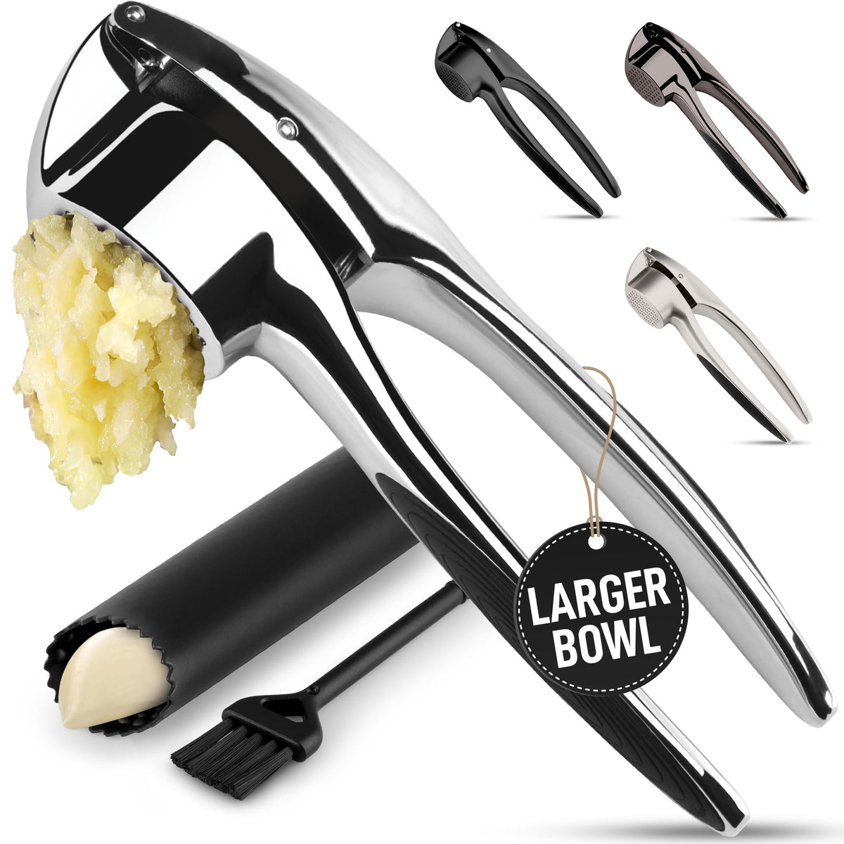 Zulay Kitchen Premium Garlic Press Set – Rust Proof & Dishwasher Safe Garlic Mincer Tool with Silicone Garlic Peeler & Brush, Easy Squeeze & Clean, Ergonomic Soft Grip Handle - Medium – Silver