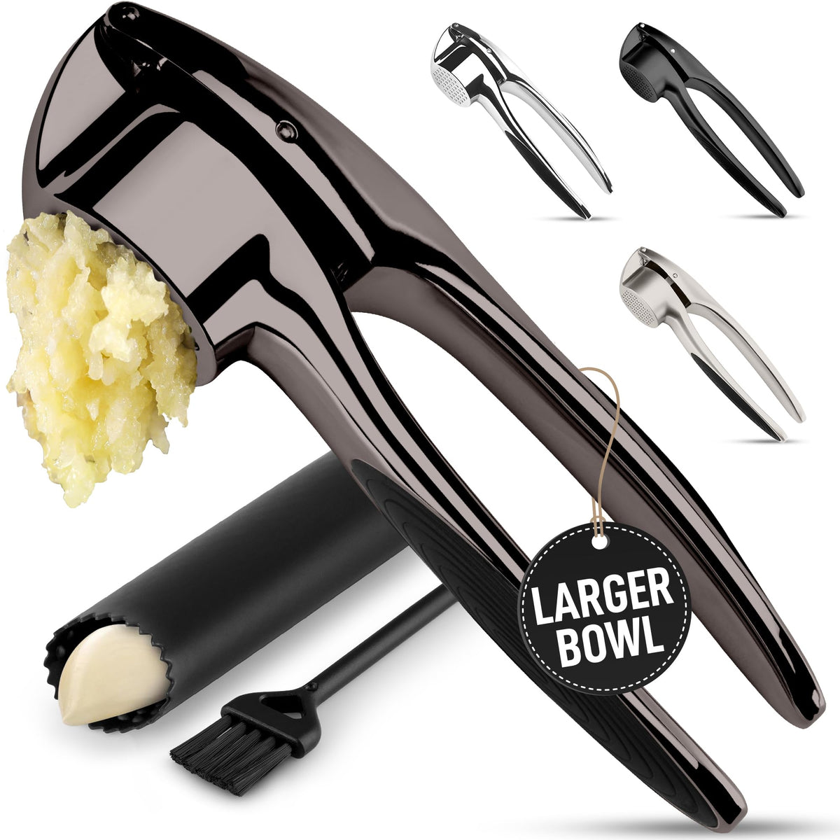 Zulay Kitchen Premium Garlic Press Set – Rust Proof & Dishwasher Safe Garlic Mincer Tool with Silicone Garlic Peeler & Brush, Easy Squeeze & Clean, Ergonomic Soft Grip Handle - Medium – Silver
