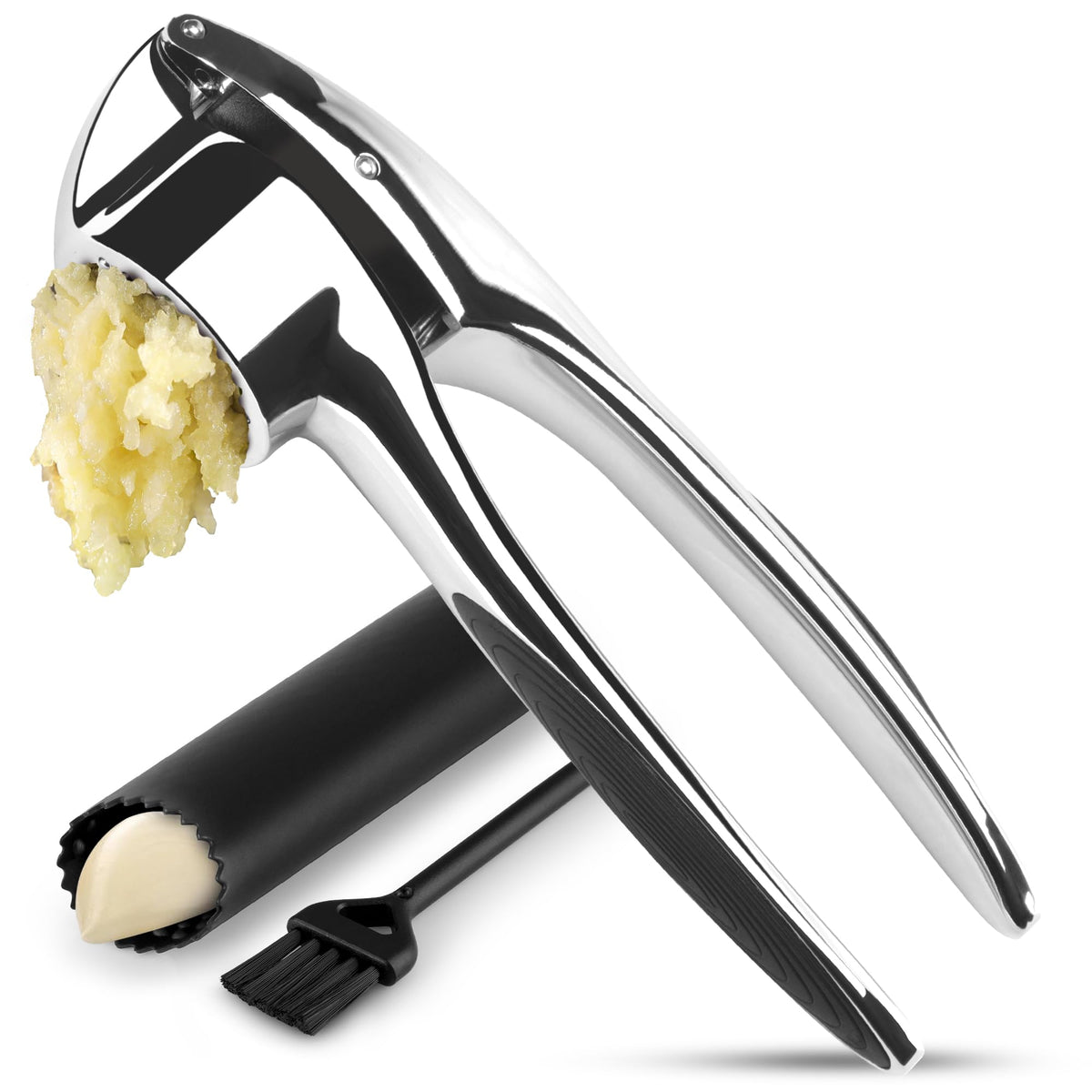 Zulay Kitchen Premium Garlic Press Set – Rust Proof & Dishwasher Safe Garlic Mincer Tool with Silicone Garlic Peeler & Brush, Easy Squeeze & Clean, Ergonomic Soft Grip Handle - Medium – Silver