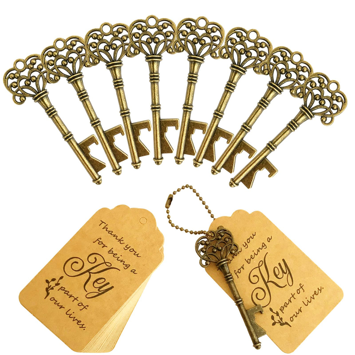 100 PCS Key Bottle Openers,Vintage Skeleton Key Bottle Opener,Wedding Favors Bottle Opener with Tag Cards and Key Chains(Gold)