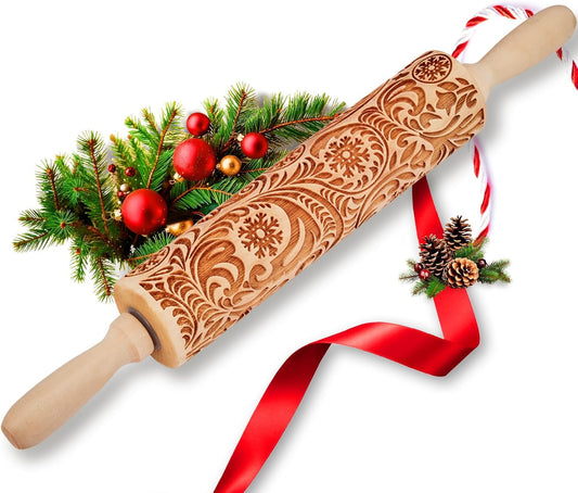Christmas Gift Wooden Embossed Rolling Pin for Baking, Stocking Stuffers Gifts for Women, Deep Engraved Embossing Rolling Pins with Snow Pattern Designs for Baking Cookies Stamps Roller DIY Tools