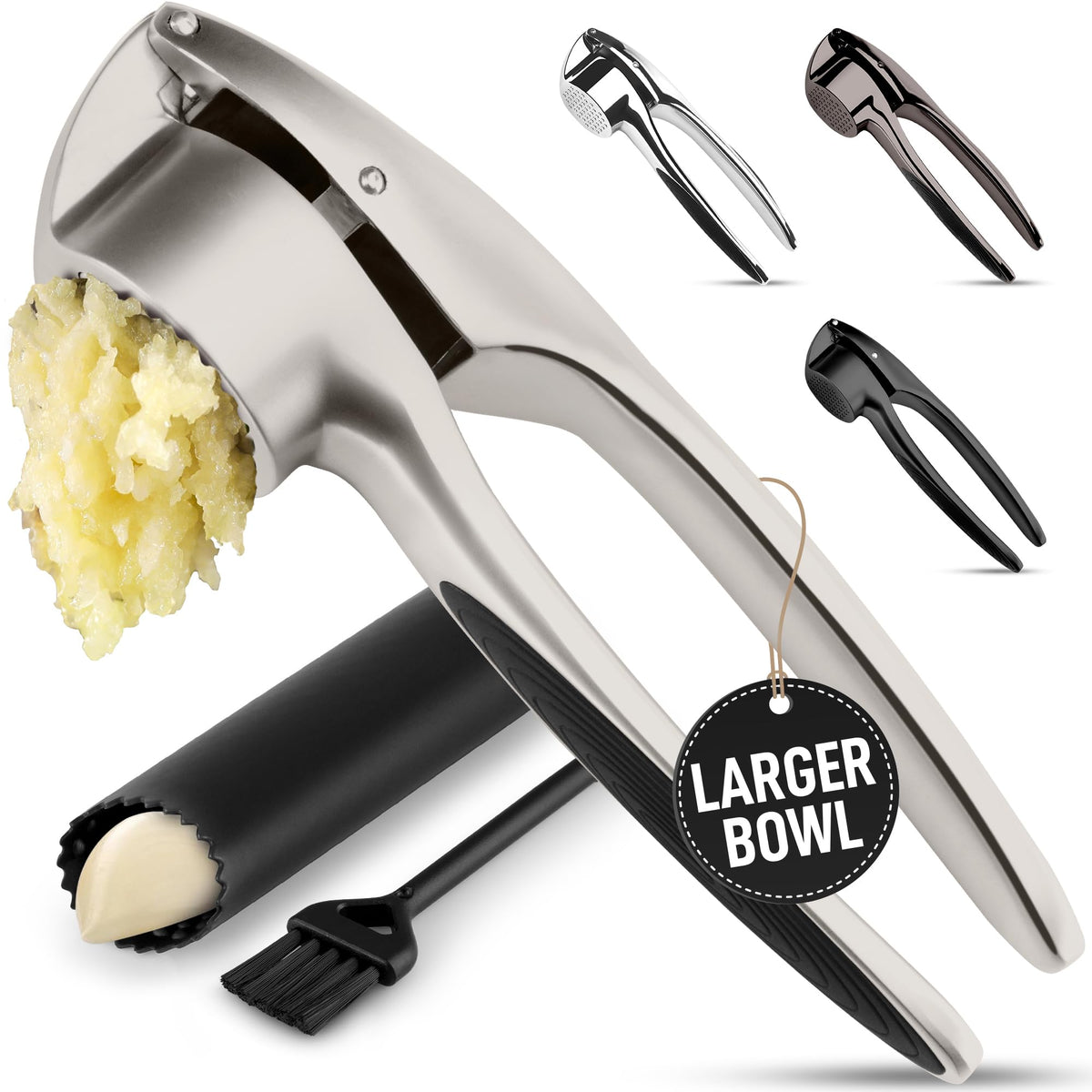 Zulay Kitchen Premium Garlic Press Set – Rust Proof & Dishwasher Safe Garlic Mincer Tool with Silicone Garlic Peeler & Brush, Easy Squeeze & Clean, Ergonomic Soft Grip Handle - Medium – Silver