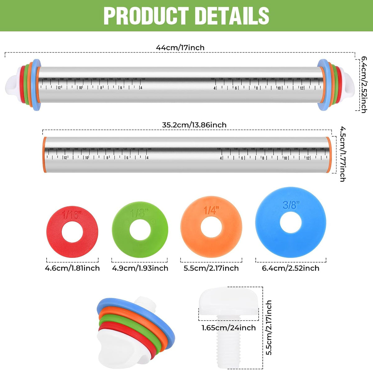 Adjustable Rolling Pin With Thickness Rings&Silicone Baking Pastry Mat Set