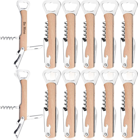 12pcs Wood Wine Bottle Opener 4 in 1 Corkscrew Engraving, Khaki