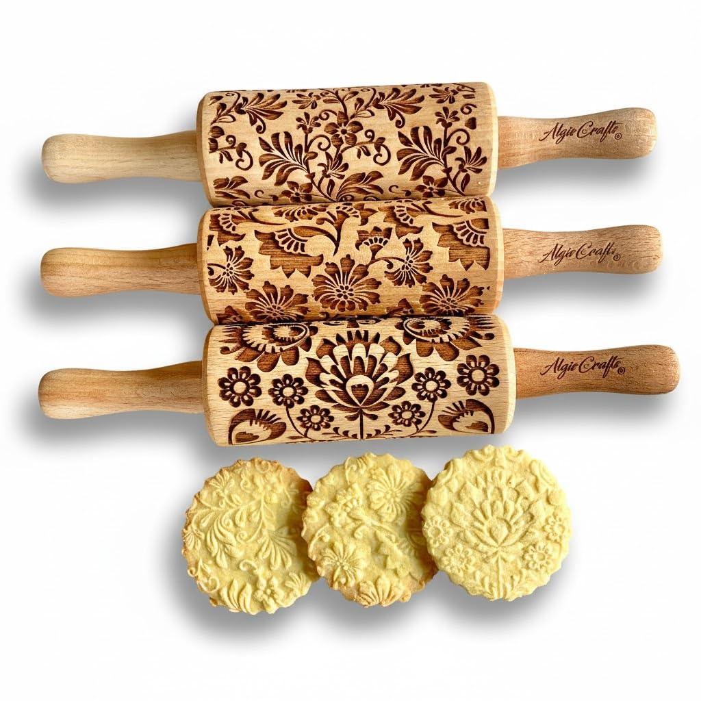 FLORAL 3 Small Textured Rolling Pin Set. Wooden laser engraved embossing dough roller for embossed cookies gift for Birthday, Easter by Algis Crafts
