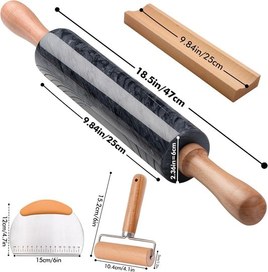 18.5 inches Marble Rolling Pin,Large Non-Stick Dough Roller,for making pizza, cookies,pie crusts, and pasta.with Silicone Pastry Mat,Stainless Steel Scraper,and Small Wooden Roller Pin(Black)