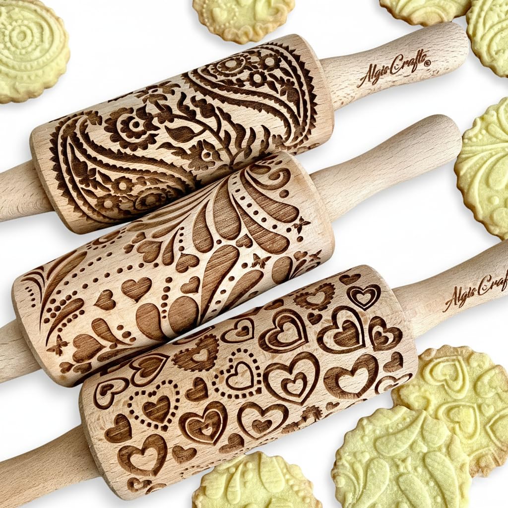 FLORAL 3 Small Textured Rolling Pin Set. Wooden laser engraved embossing dough roller for embossed cookies gift for Birthday, Easter by Algis Crafts