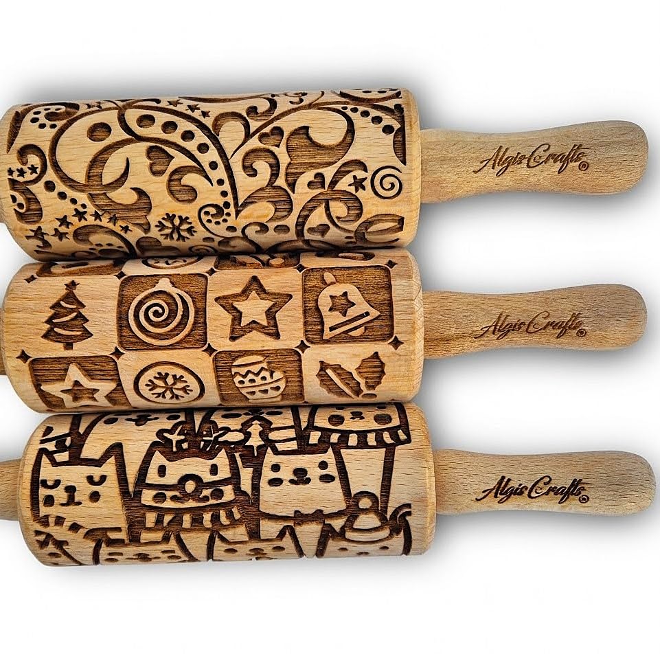 FLORAL 3 Small Textured Rolling Pin Set. Wooden laser engraved embossing dough roller for embossed cookies gift for Birthday, Easter by Algis Crafts