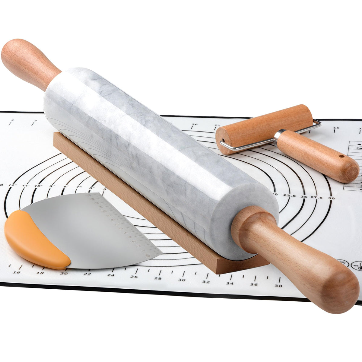 18.5 inches Marble Rolling Pin,Large Non-Stick Dough Roller,for making pizza, cookies,pie crusts, and pasta.with Silicone Pastry Mat,Stainless Steel Scraper,and Small Wooden Roller Pin(Black)