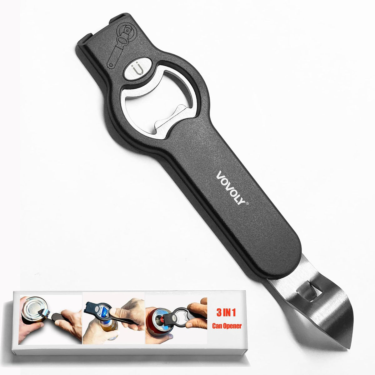 3-in-1 Magnetic Bottle & Can Opener, Manual Can Punch Opener, Black