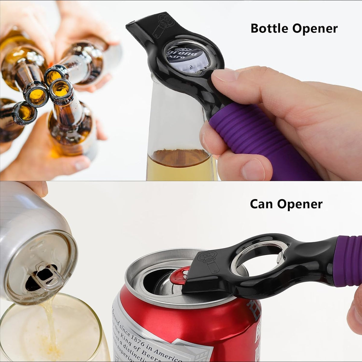 2-Pack Magnetic 2-in-1 Beer Bottle Cap & Soda Can Opener-Purple