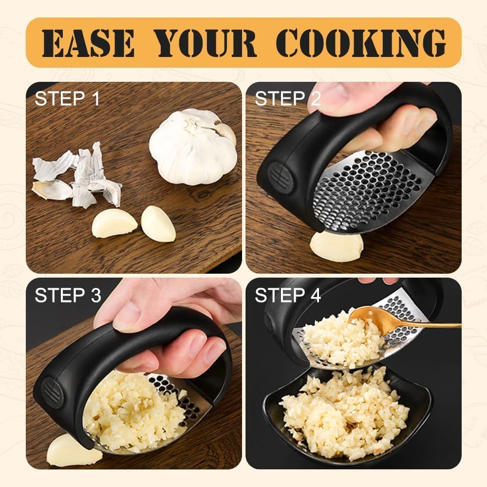 2026 New Garlic Press Stainless Steel, Manual Garlic Mincer & Crusher with Garlic Peeler Tube, Easy to Clean Dishwasher Safe Kitchen Tool for Garlic & Ginger