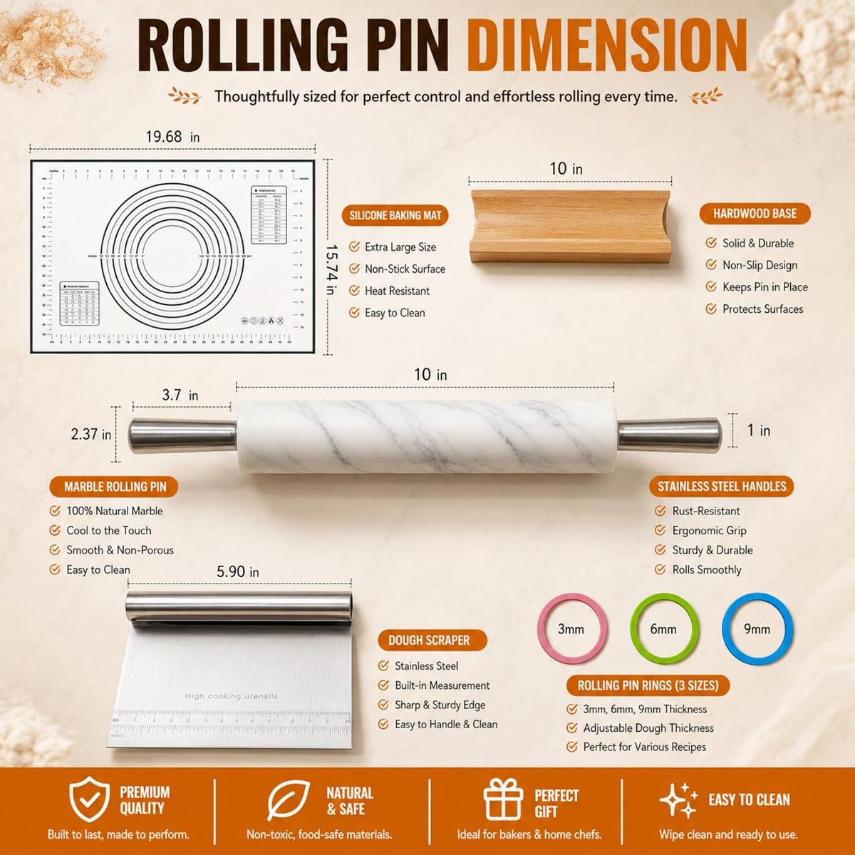 Premium White Marble Rolling Pin Set with Natural Veins, Stainless Steel Handles, Wooden Stand, Pastry Mat, Dough Cutter & 3 Thickness Rings – Baking Gift Set