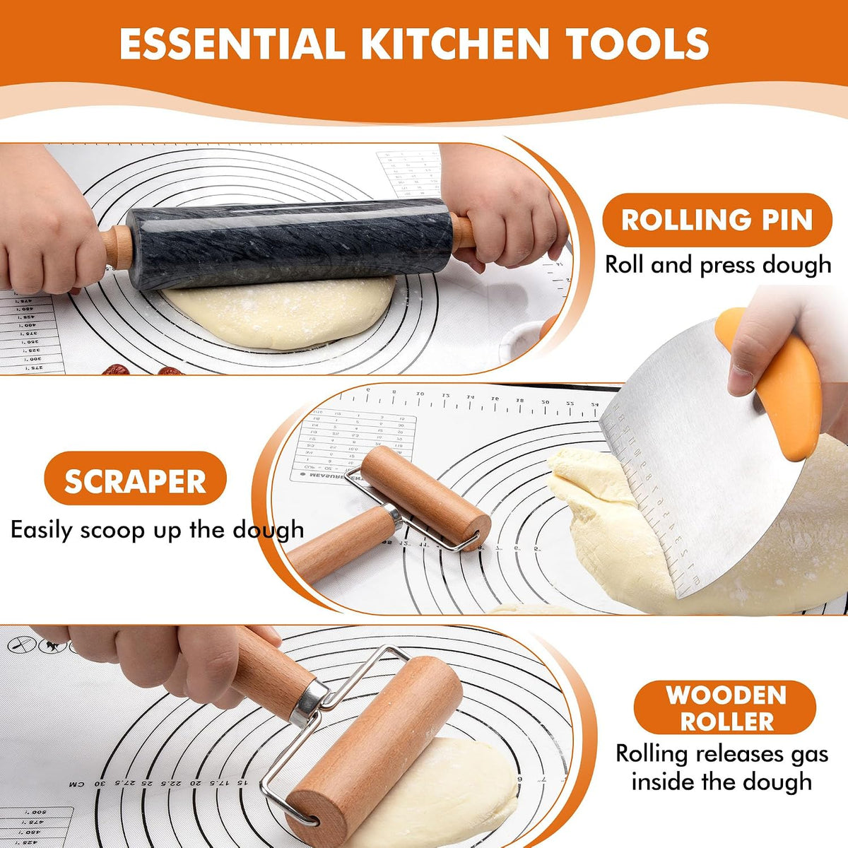 18.5 inches Marble Rolling Pin,Large Non-Stick Dough Roller,for making pizza, cookies,pie crusts, and pasta.with Silicone Pastry Mat,Stainless Steel Scraper,and Small Wooden Roller Pin(Black)
