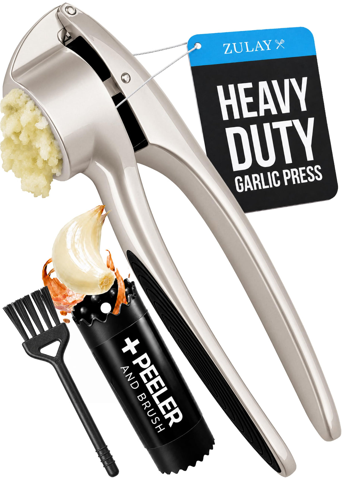 Zulay Kitchen Premium Garlic Press Set – Rust Proof & Dishwasher Safe Garlic Mincer Tool with Silicone Garlic Peeler & Brush, Easy Squeeze & Clean, Ergonomic Soft Grip Handle - Medium – Silver