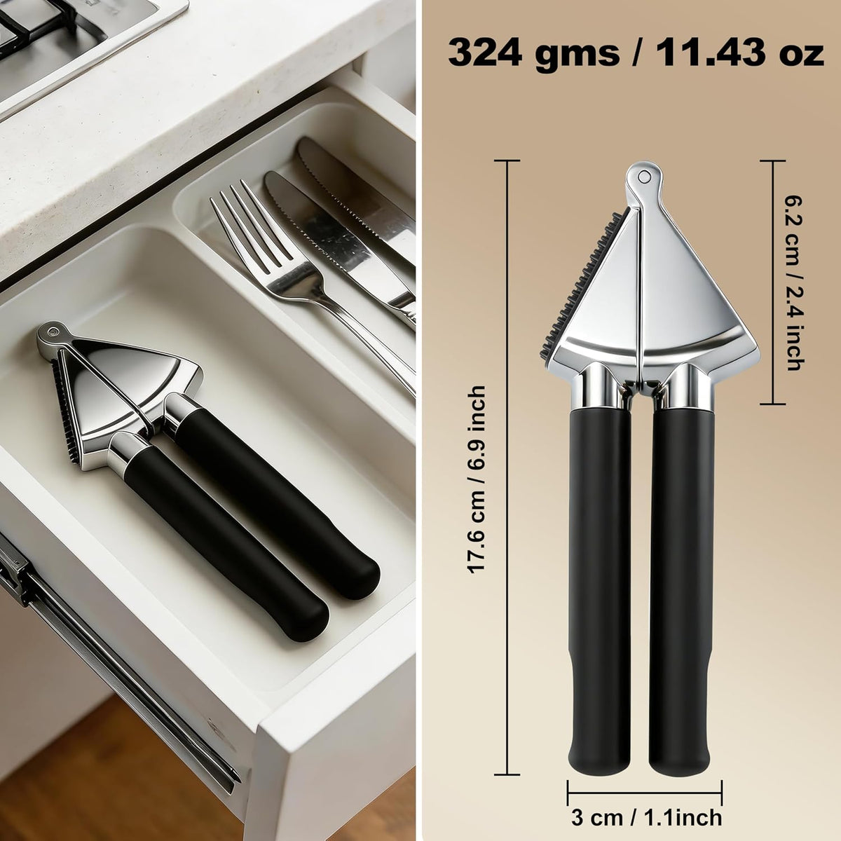 3WAVES Heavy-Duty Garlic Press, Built-In Cleaner, Ergonomic SoftGrip Handle