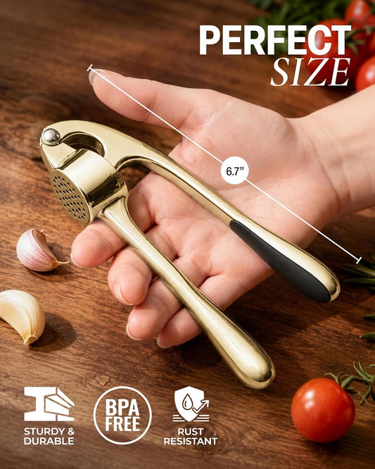 Zulay Kitchen Premium Garlic Press with Soft, Easy to Squeeze Handle - Includes Silicone Garlic Peeler & Cleaning Brush - 3 Piece Garlic Mincer Tool - Sturdy Easy to Clean Garlic Crusher (Gold)