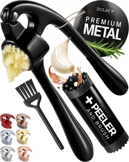 Zulay Kitchen Premium Garlic Press Set - Rust Proof Professional Garlic Mincer Tool - Easy-Squeeze, Easy-Clean with Soft, Ergonomic Handle - Silicone Garlic Peeler & Brush (Black)