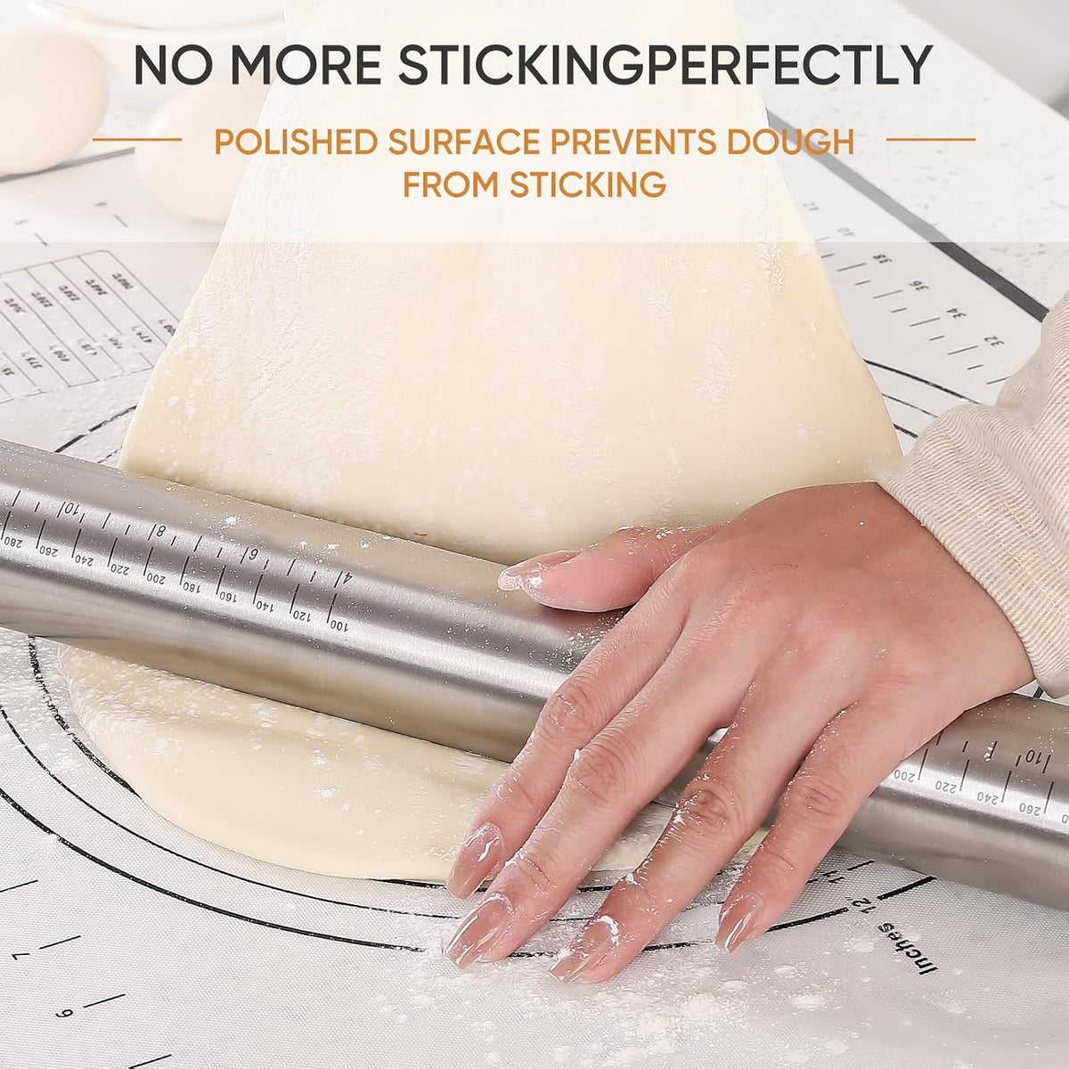 AMUZHI Adjustable Stainless Steel Rolling Pin with Silicone Thickness Rings