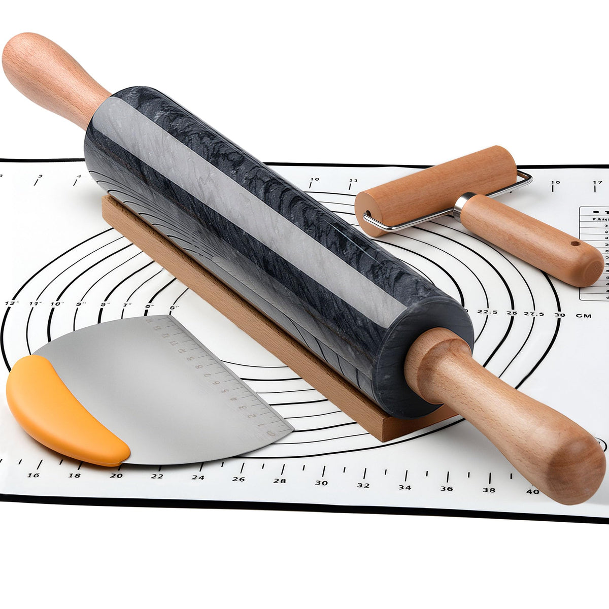 18.5 inches Marble Rolling Pin,Large Non-Stick Dough Roller,for making pizza, cookies,pie crusts, and pasta.with Silicone Pastry Mat,Stainless Steel Scraper,and Small Wooden Roller Pin(Black)