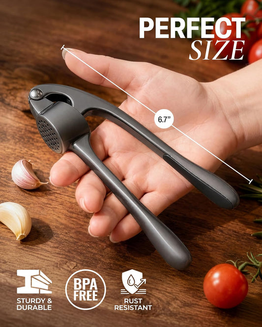 Zulay Kitchen Premium Garlic Press Set - Rust Proof Professional Garlic Mincer Tool - Easy-Squeeze, Easy-Clean with Soft, Ergonomic Handle - Silicone Garlic Peeler & Brush-Dark Gray