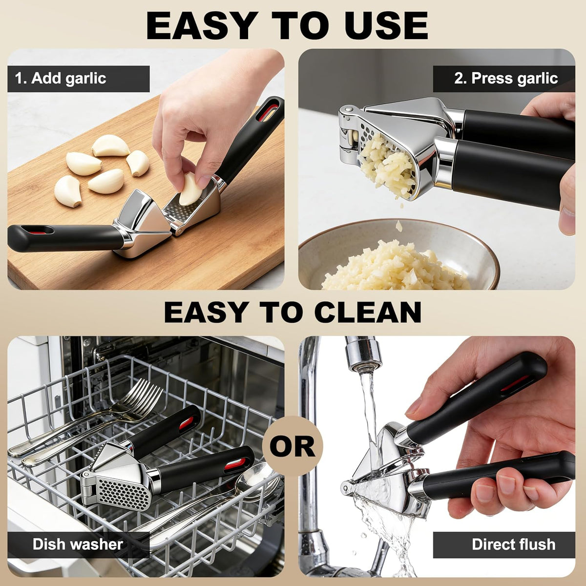 3WAVES Heavy-Duty Garlic Press, Built-In Cleaner, Ergonomic SoftGrip Handle