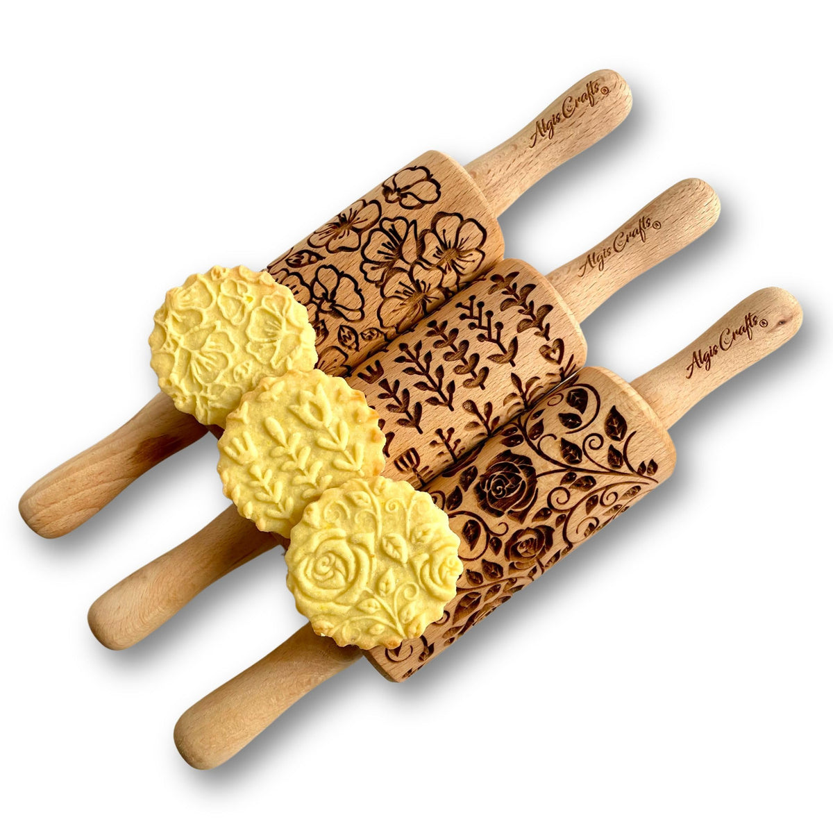 FLORAL 3 Small Textured Rolling Pin Set. Wooden laser engraved embossing dough roller for embossed cookies gift for Birthday, Easter by Algis Crafts